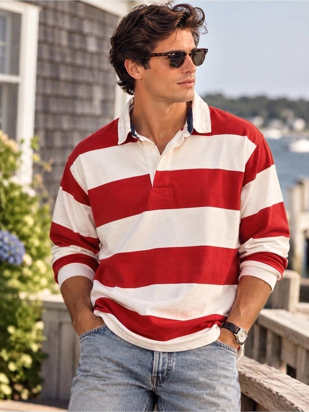 Lands' End Striped Long Sleeve Jersey in Red & White Size Large